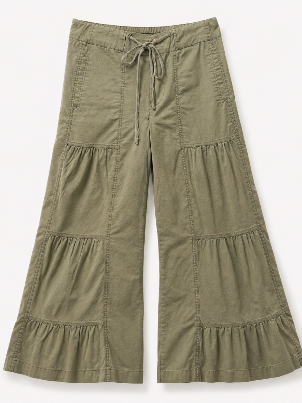Wearables boho wide leg cropped tiered ruffle pants olive green size S